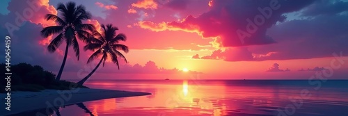 Dark silhouette of two tall palms against colorful sky reflecting on calm water, tropical, relaxation, peaceful
