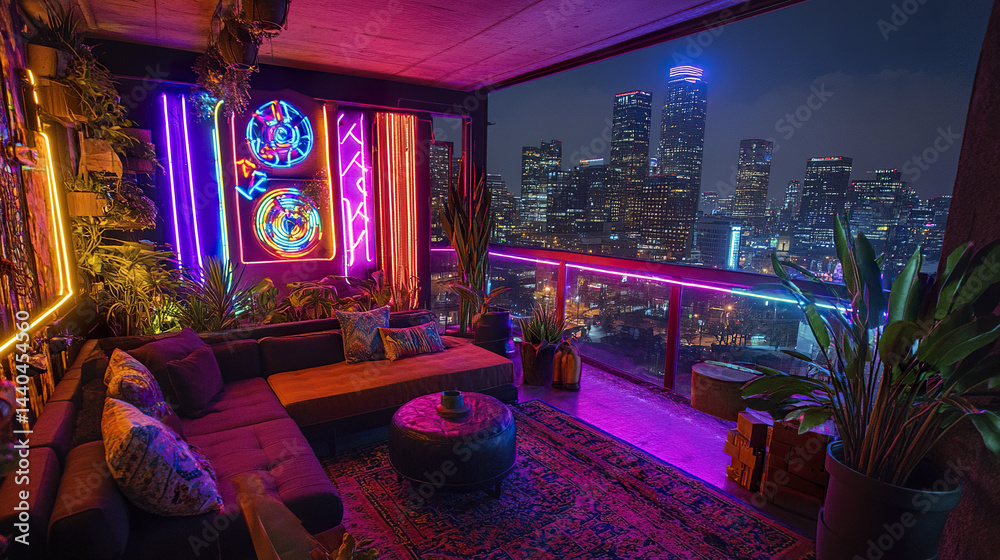 vibrant rooftop rental studio with neon decor, showcasing stunning city view at night