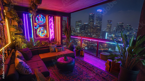 Obraz na płótnie vibrant rooftop rental studio with neon decor, showcasing stunning city view at night w salonie