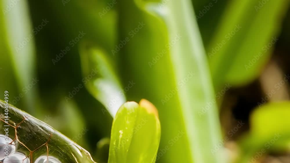 Macro view reveals translucent eggs encased in a delicate sac resting on vibrant green foliage