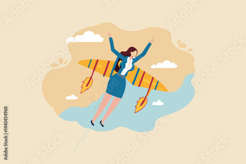 Success booster or accelerate career growth, woman power or lady leadership, speed up working progress or boost work ambition concept, confident businesswoman flying rocket booster or jetpack engine.