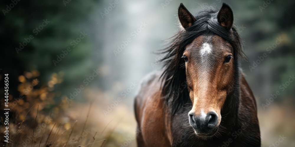 Obraz premium Majestic horse stands gracefully in serene forest during early morning light
