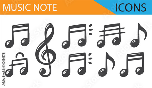 Music symbols icons in editable stroke design, including treble clef and quarter notes