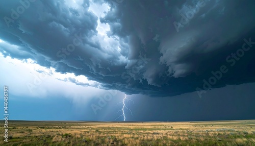 Dark stormy sky rolling over endless open plains, jagged lightning splitting the heavy clouds, distant rumble echoing across the horizon,