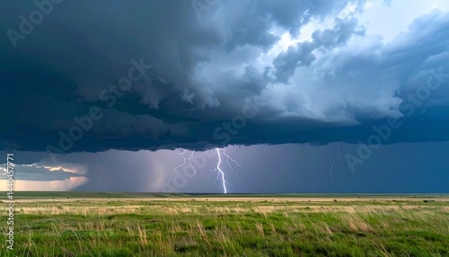 Dark stormy sky rolling over endless open plains, jagged lightning splitting the heavy clouds, distant rumble echoing across the horizon,