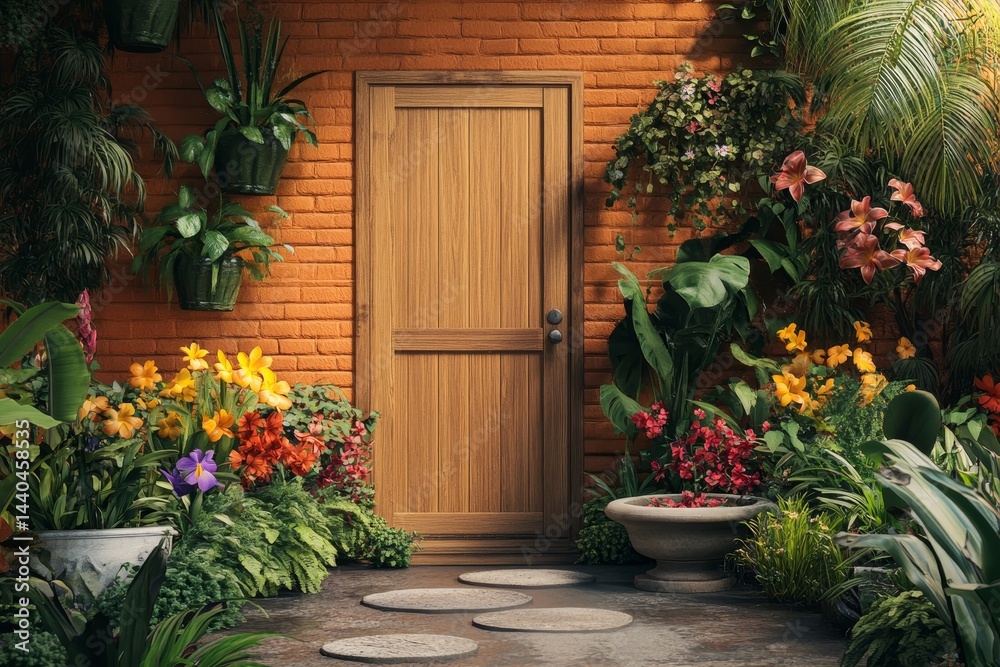 Fototapeta premium A tropical garden entrance with a wooden door.