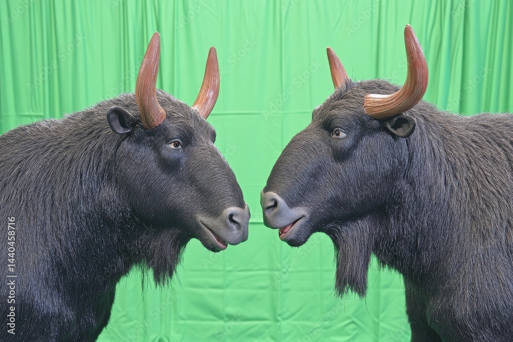 Fototapeta premium Two black yak heads facing each other against a backdrop.