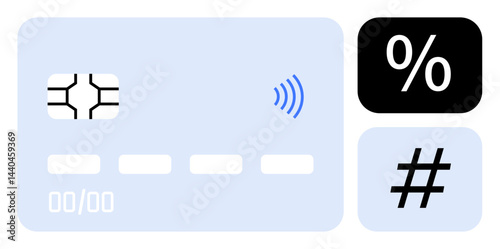 Contactless credit card with chip and wireless payment symbol next to percentage and metadata tag icons. Ideal for e-commerce, banking, transactions, fintech, digital wallet, contactless payment