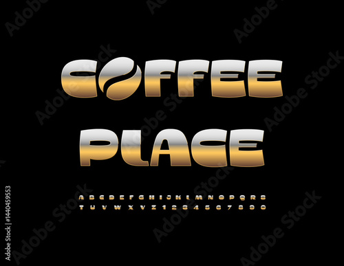Vector Stylish emblem Coffee Place with Golden Bean. Trendy Upscale Font. Fashion Cool Alphabet Letters and Numbers set