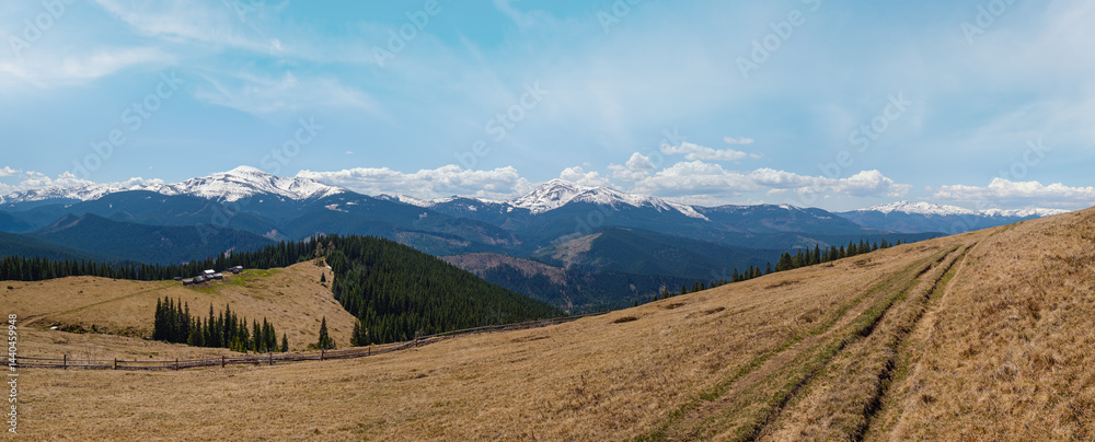Carpathian mountain plateau spring panorama with country road, Ukraine.