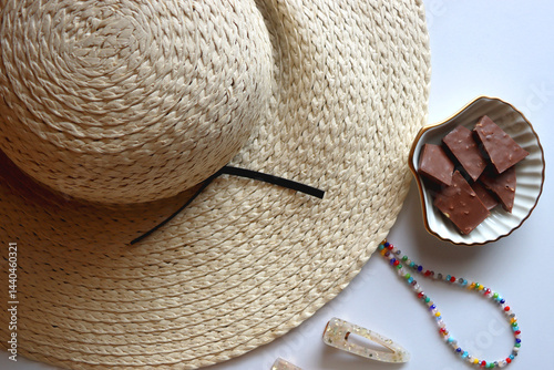 Obraz na płótnie Glass of cocktail, straw hat, sunglasses, books, fresh fruit, chocolate and accessories. Summer essentials on the table. Top view. w salonie