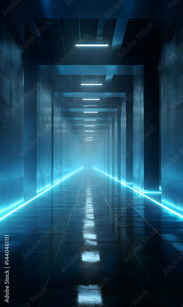 Illuminated futuristic corridor stretching into infinity with luminous reflections and blue radiance Illuminated futuristic corridor stretching into infinity with luminous reflections and blue radiance