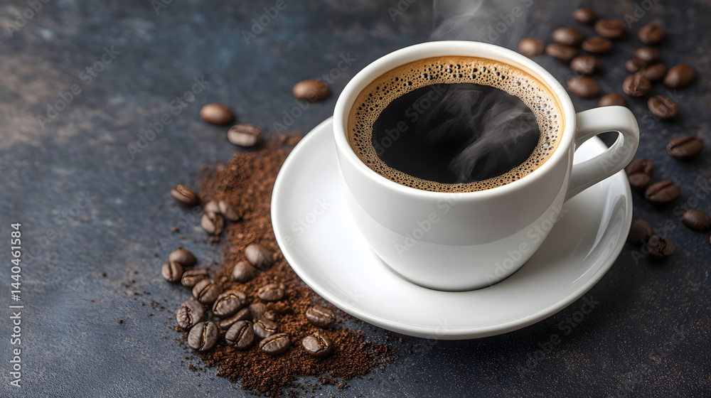 Obraz premium Steaming Cup of Freshly Brewed Black Coffee Surrounded by Roasted Beans