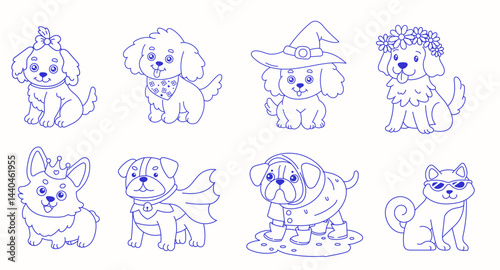 Adorable cartoon dogs in cute costumes including princess crowns, superhero capes, witch hats, and sunglasses, perfect for pet-themed designs, festivals, celebrations, and character art.
