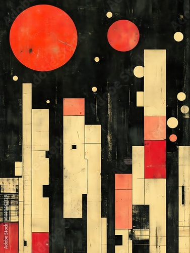 Abstract Geometric Composition with Red Planets and Cityscape