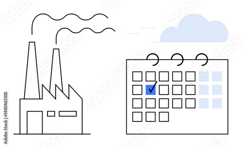 Factory emitting smoke alongside a calendar with a highlighted date, symbolizing production scheduling, environmental planning, deadlines, compliance, and sustainability. Ideal for industry