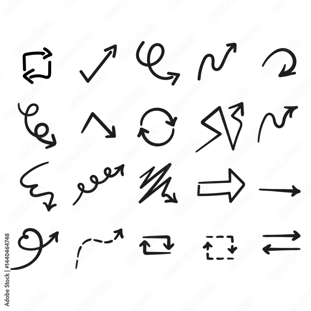 Ensemble de flèches dessinées à la main, icônes directionnelles, fichier vectoriel