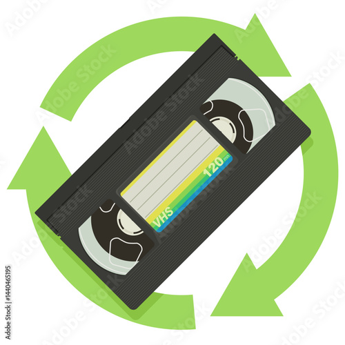VHS videotape with a green circular symbol of three recycling arrows in a flat design style (cut out)