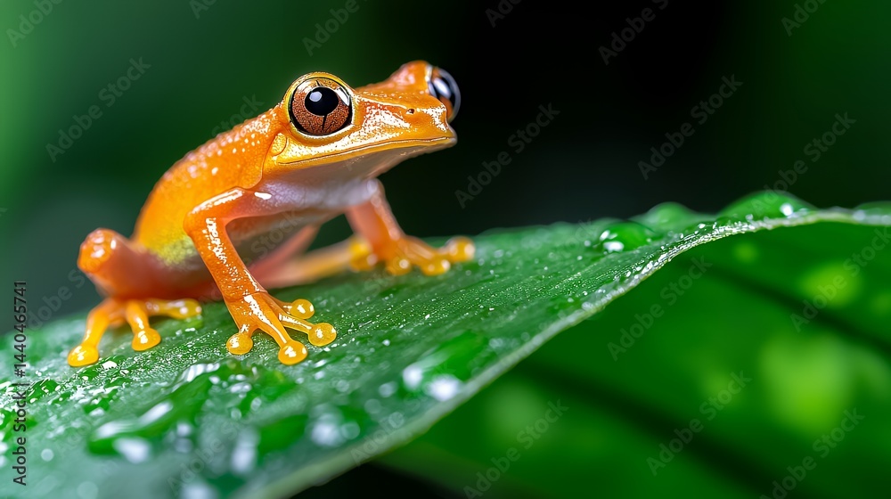 Obraz premium Frog on Leaf Macro Photography with Water Droplets