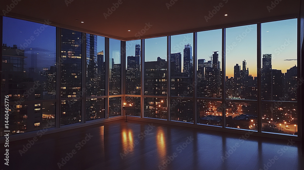 Fototapeta premium sleek city rental apartment with glass walls showcasing stunning night skyline