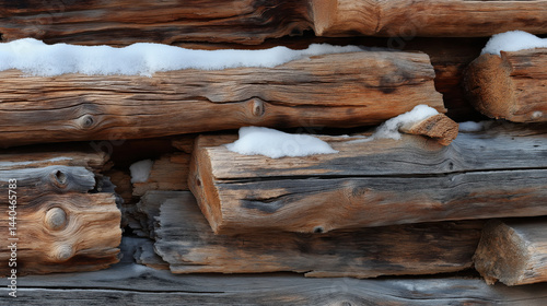 Rustic cabin wall texture made of stacked logs with snow on top in winter photo