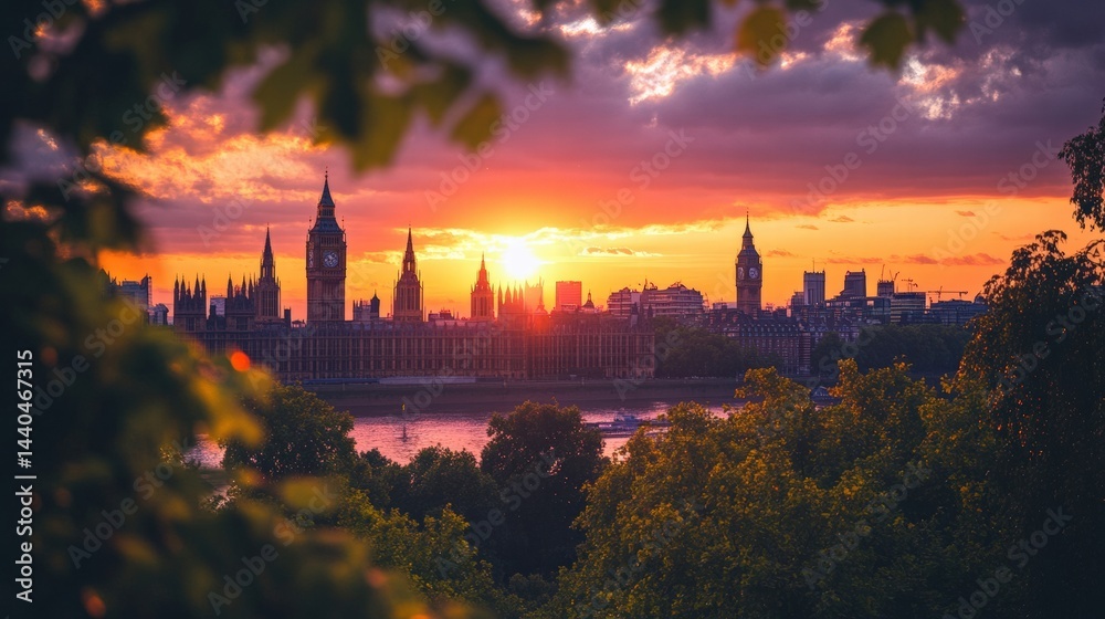 Fototapeta premium Stunning sunset over London skyline with historic buildings and Big Ben. Beauty of nature and city life comes alive in this moment.