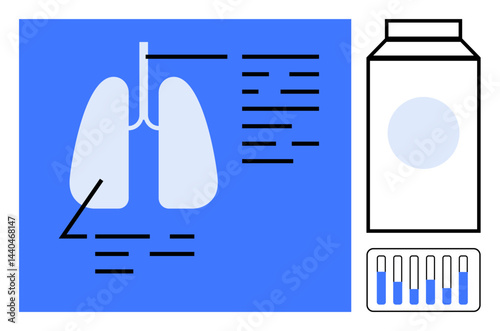 Diagram featuring lungs and annotations for study, pill bottle, and blister pack. Ideal for healthcare, research, medication, diagnostics, education, respiratory health simple landing page