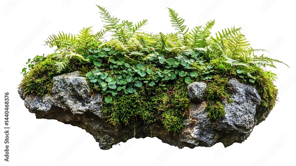 Fototapeta premium Moss-covered rock with ferns and other foliage.
