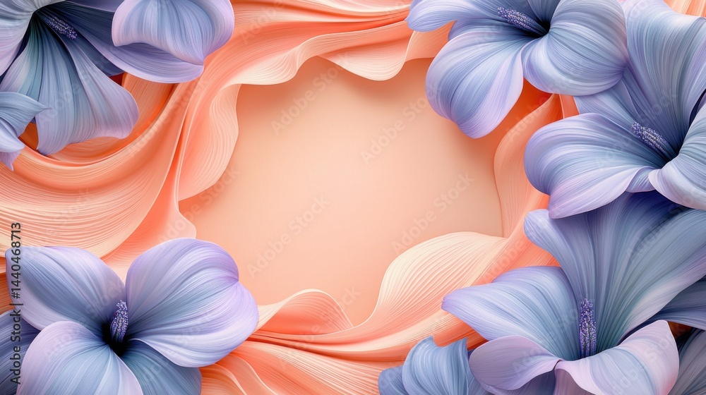 Obraz premium Beautiful pastel peach and lavender flowers with soft flowing fabric creating a gentle frame around the blank space for design or text
