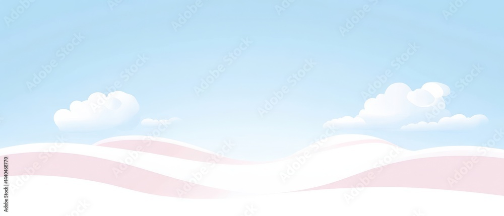 Serene pastel landscape illustration with rolling hills and fluffy clouds in a light blue sky Concept of peaceful nature, tranquility, and minimalist design Serene pastel landscape illustration with rolling hills and fluffy clouds in a light blue sky Concept of peaceful nature, tranquility, and minimalist design