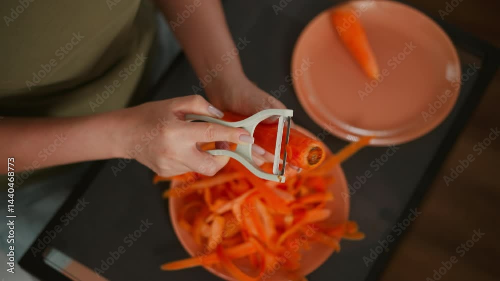 Close up of woman in green top using peeler to shave carrot above plate filled with carrot peels, second carrot visible on nearby plate, wooden floor and kitchen setup partially visible in frame