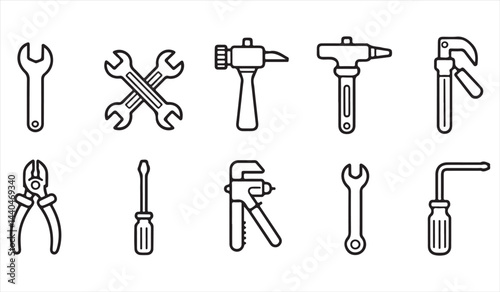 Icons of hand tools for mechanics, including wrench, screwdriver, hammer, and pliers.