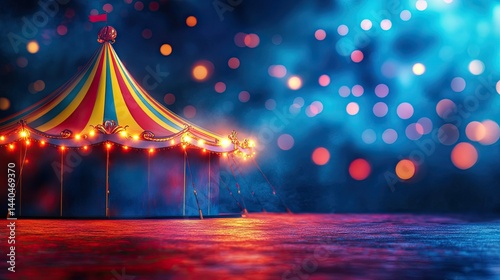 A colorful circus tent with twinkling lights, with space for text. --