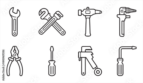 Set of various hand tools including wrenches, hammer, pliers, screwdriver, and pipe wrench. Simple black line icons on white background representing essential tools for construction and repairs.