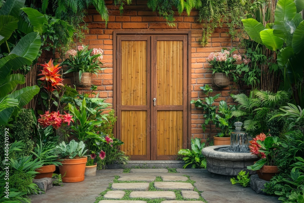 Naklejka premium Lush garden surrounds a terracotta brick exterior door.