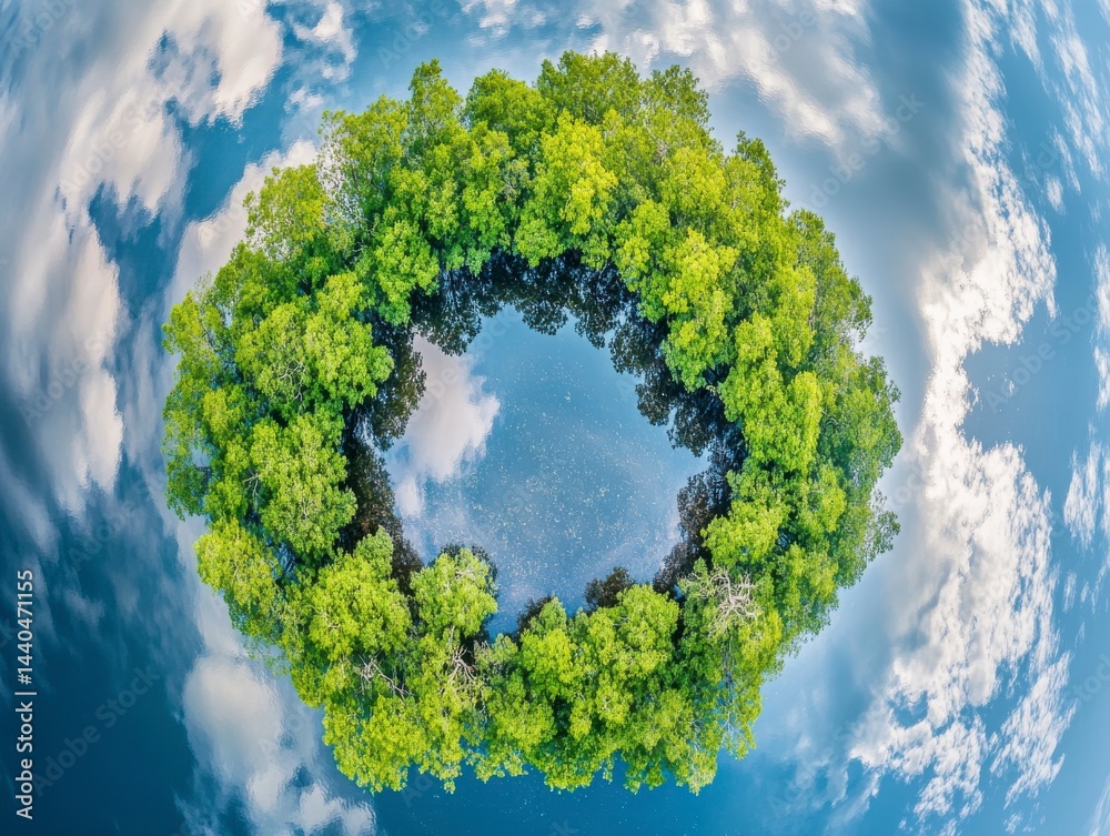 Aerial View of Circular Tree Canopy Reflecting Sky and Clouds