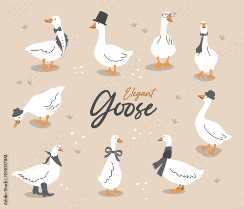 Set of cute dressed geese. Goose in a hat, tie, scarf, glasses. Funny vector illustration