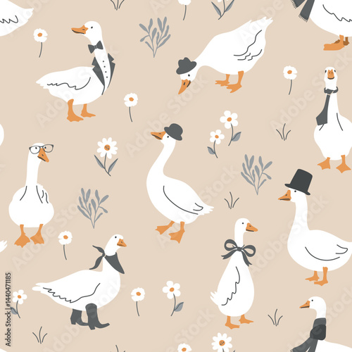 Cute dressed geese seamless pattern. Goose in a hat, tie, scarf, glasses. Funny vector background illustration.