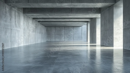 concrete architecture of this room, combined with its empty, dark atmosphere, conveys the beauty of modern minimalism.