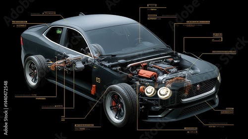 Detailed cutaway view of a modern sports car's engine compartment.
