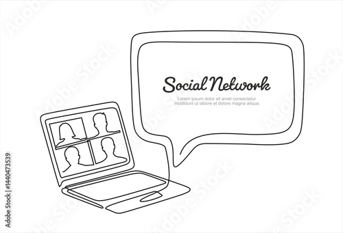 Social network. Continuous one line drawing of laptop with some people on screen and speech bubble. learning or meeting online with teleconference, video conference remote working , work from home.	