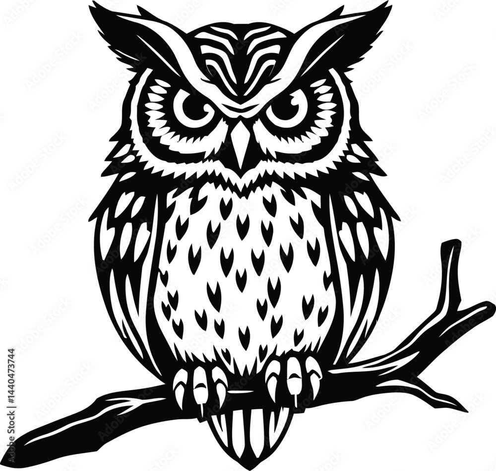 Obraz premium black and white, mascot, no people, owl, vertical, wisdom, design element, kitsch, bird, illustration