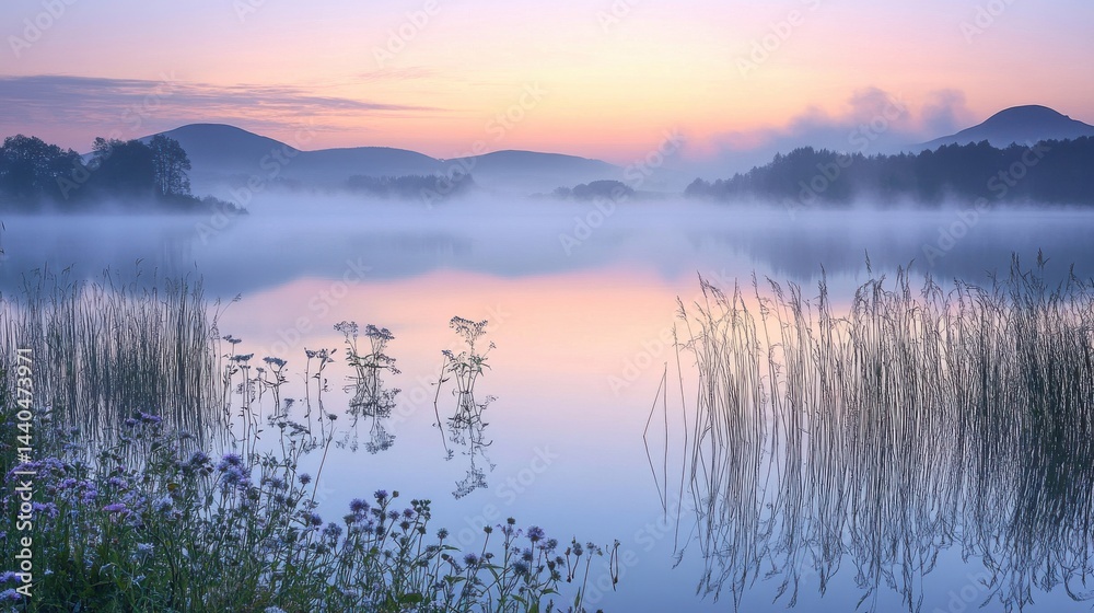 Fototapeta premium Sunrise over misty lake surrounded by mountains and flora