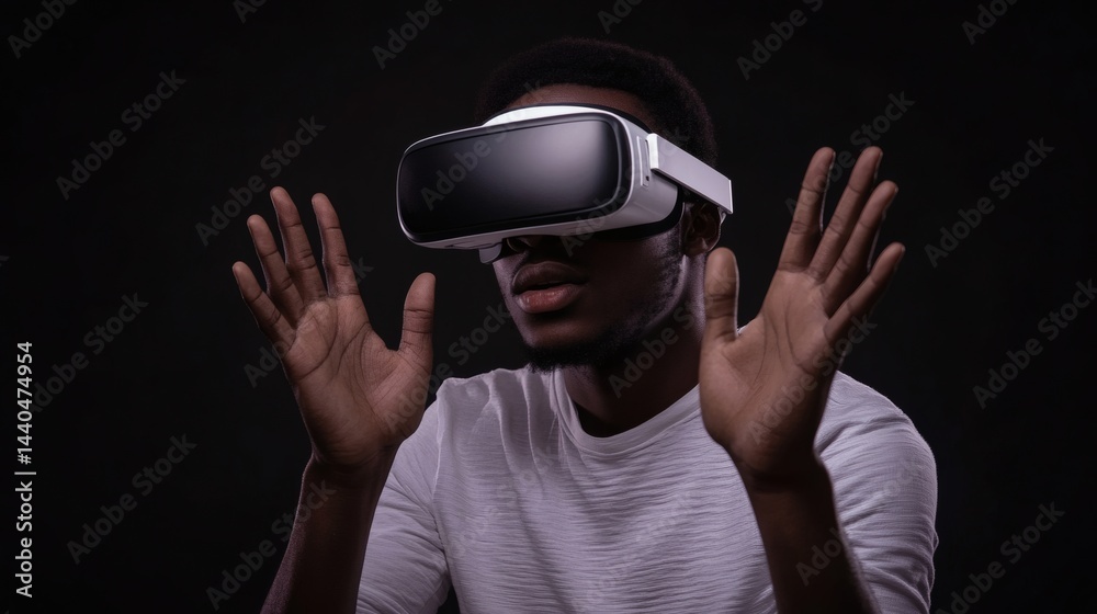 A Person Experiencing Virtual Reality Wearing A Headset Hands Raised A Person Experiencing Virtual Reality Wearing A Headset Hands Raised