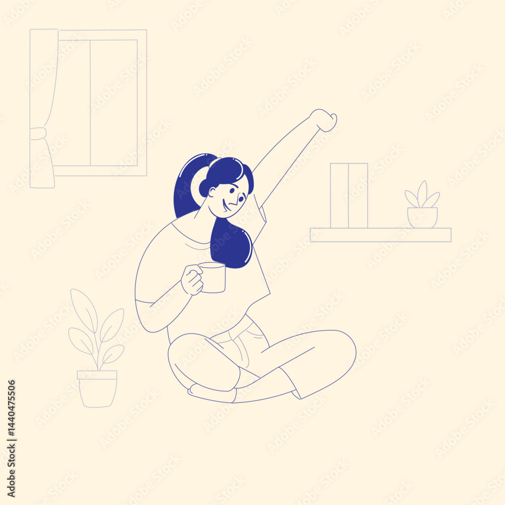 Woman Relaxing with Morning Coffee at Home, Minimalist Line Art Illustration Woman Relaxing with Morning Coffee at Home, Minimalist Line Art Illustration