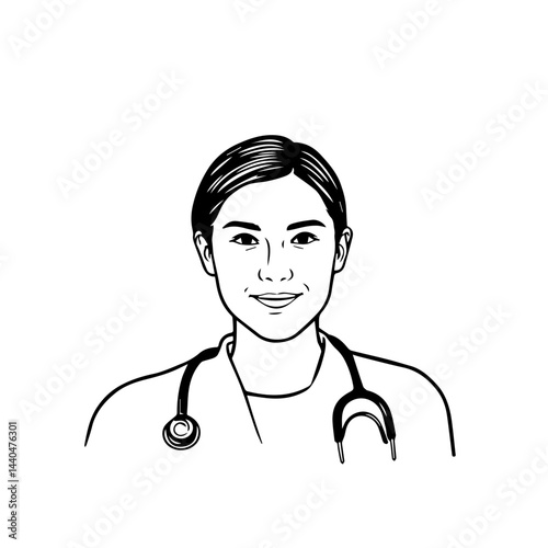 Friendly female doctor in black and white line art with copy space