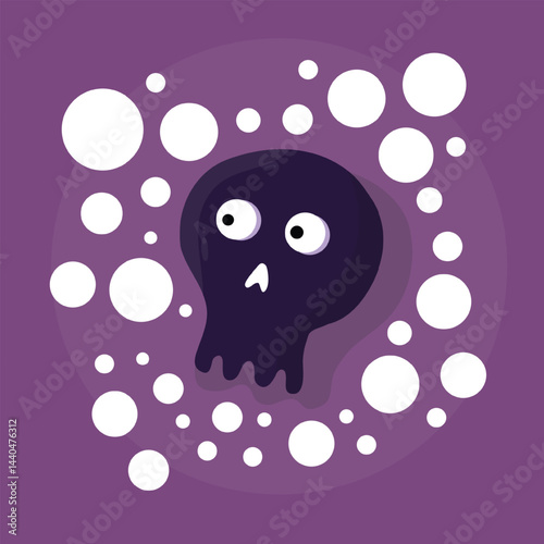 Purple Halloween design featuring spooky skull surrounded by floating white bubbles