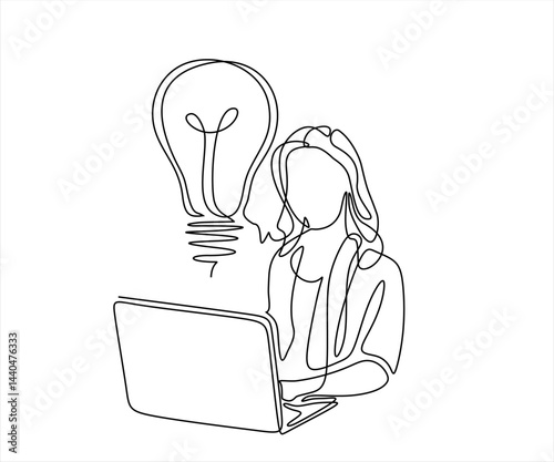 Cartoon of business woman thinking on productive ideas sitting at laptop. One line art style. Editable stroke