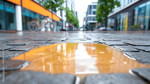 A shallow puddle reflects buildings on a paved city street