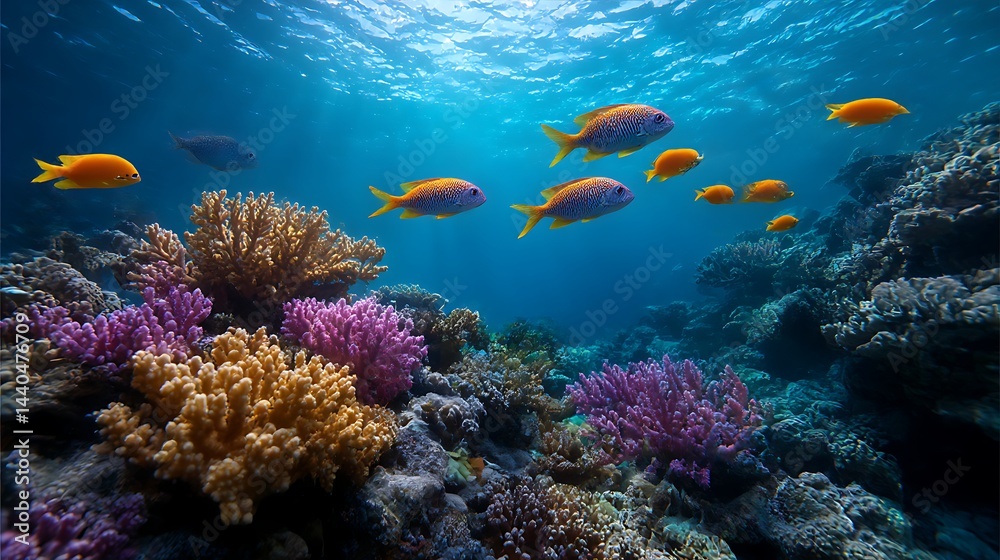 Fototapeta premium 色鮮やかなサンゴ礁と泳ぐ熱帯魚